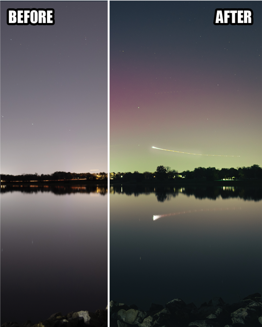 Comparison of a night sky over a body of water with and without a shooting star. In the 'before' image, the sky is clear with stars and no visible movement. In the 'after' image, a bright shooting star leaves a trail across the sky, and the sky has a slight color gradient, possibly due to camera settings or atmospheric conditions.