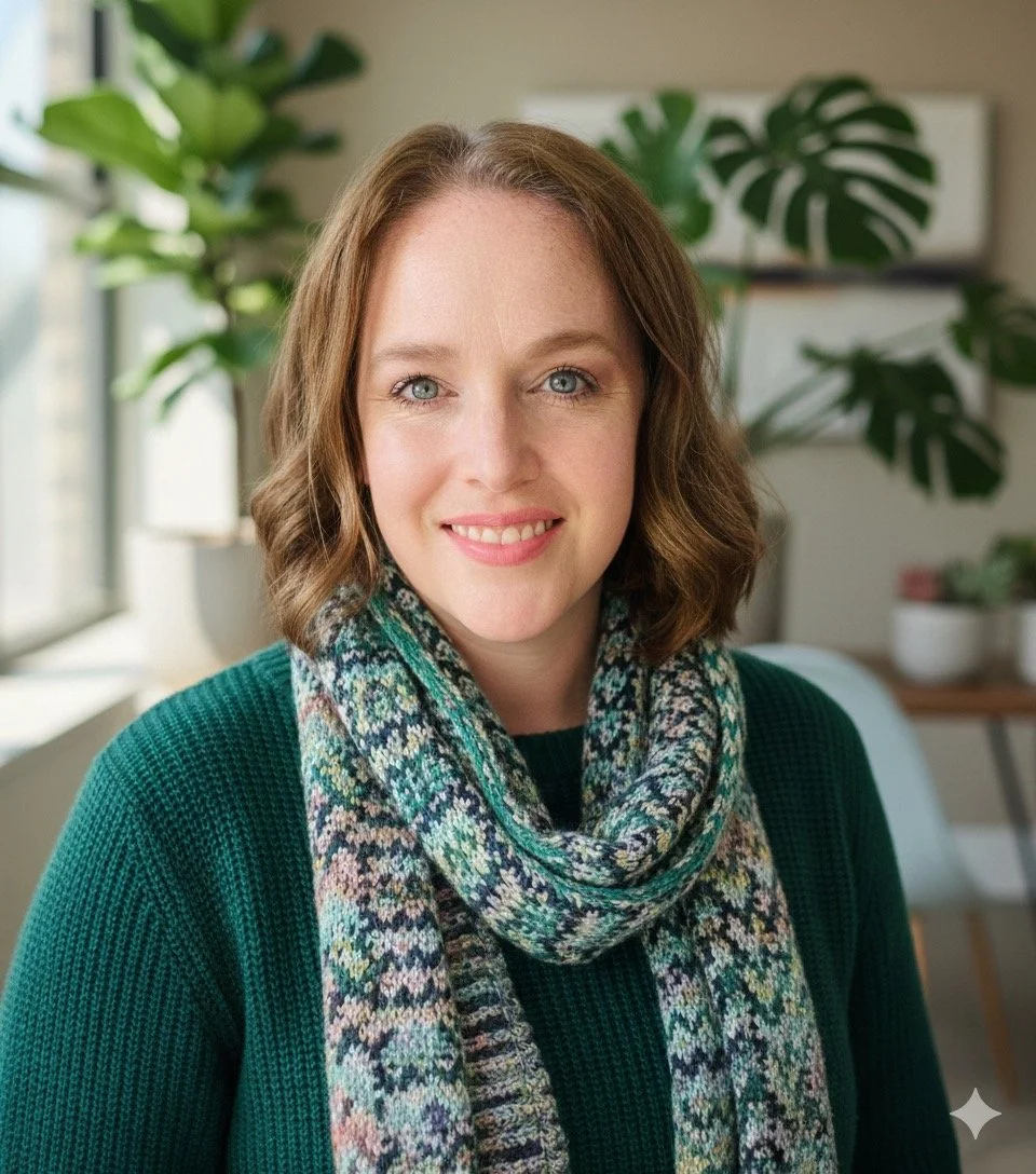 A woman with shoulder-length brown hair smiling at the camera in a bright room with large window and green plants in the background