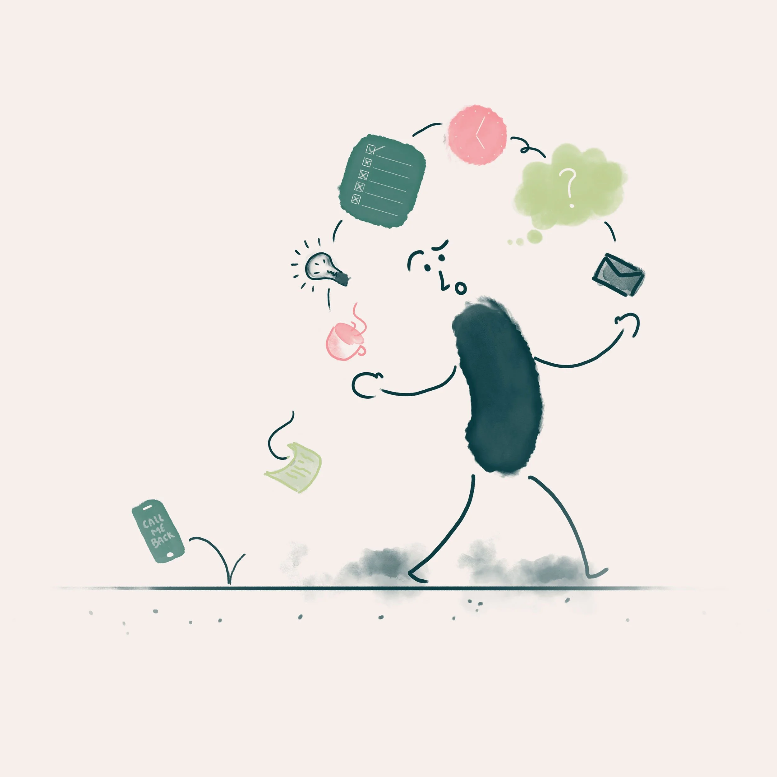 Illustration of an adult juggling tasks and reminders, representing ADHD overwhelm.