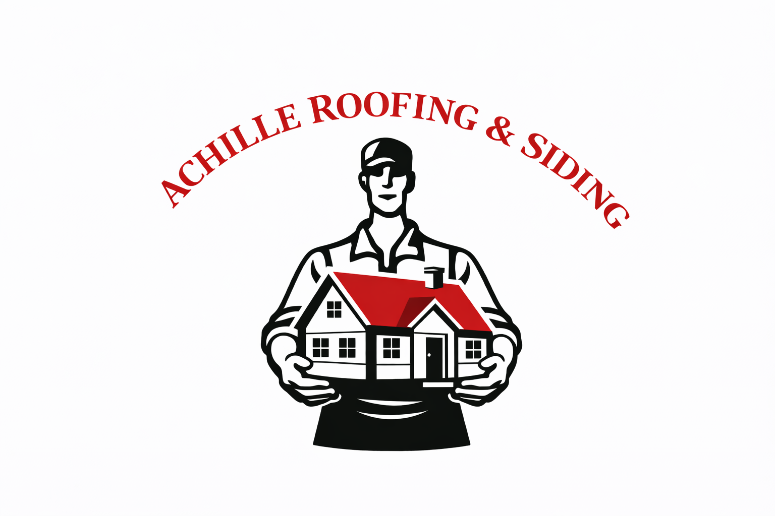 Logo for Achille Roofing & Siding featuring a man holding a house with a red roof.