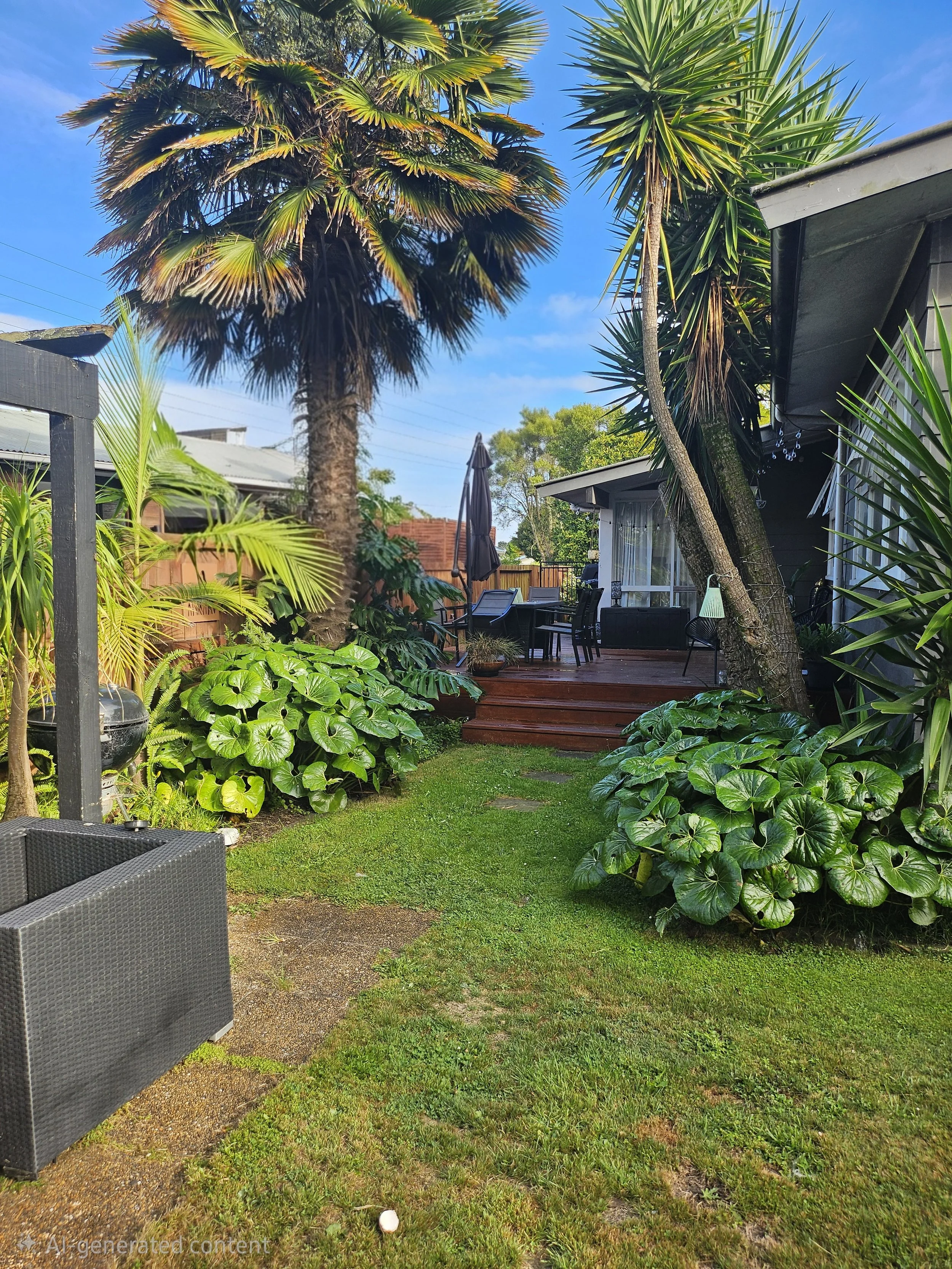 After photo; Now my garden feels more enclosed and tropical, like a private little retreat tucked at the back. The deck was brought out as the space for dining was too small.