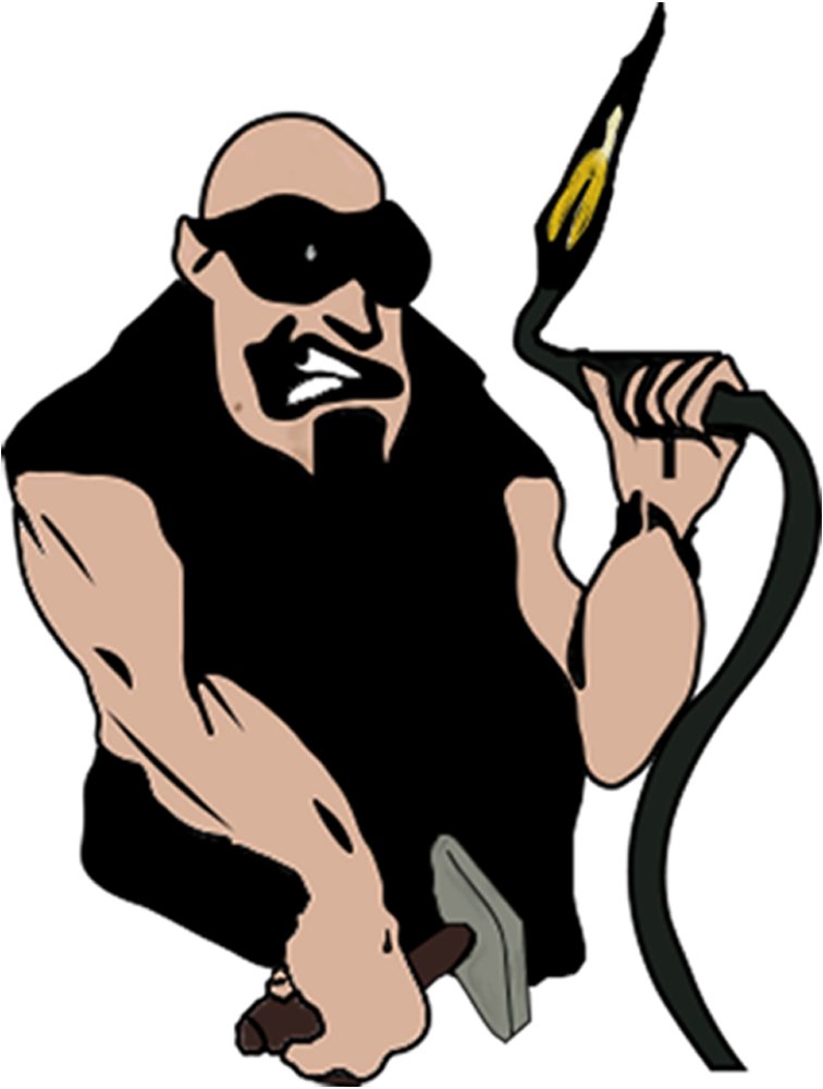 A muscular man wearing sunglasses, holding a welding gun in one hand and a hammer in the other. ironworks metal fabrication steel fabrication welding services custom metal fabrication structural steel industrial fabrication metal welding iron