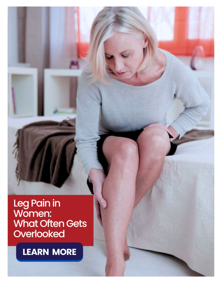 woman sitting on bed holding her knee representing leg pain symptoms that may be related to circulation problems