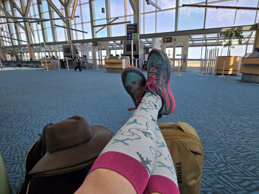 graduated compression socks worn during travel to improve circulation and reduce risk of blood clots