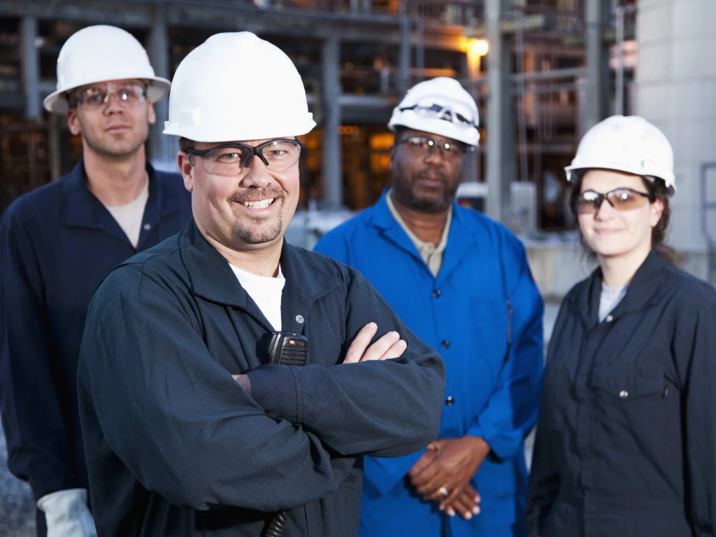 industrial worker standing with coworkers representing how extra weight can affect circulation and leg health