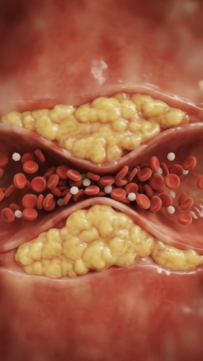 medical illustration of artery narrowed by plaque and blood clot reducing blood flow