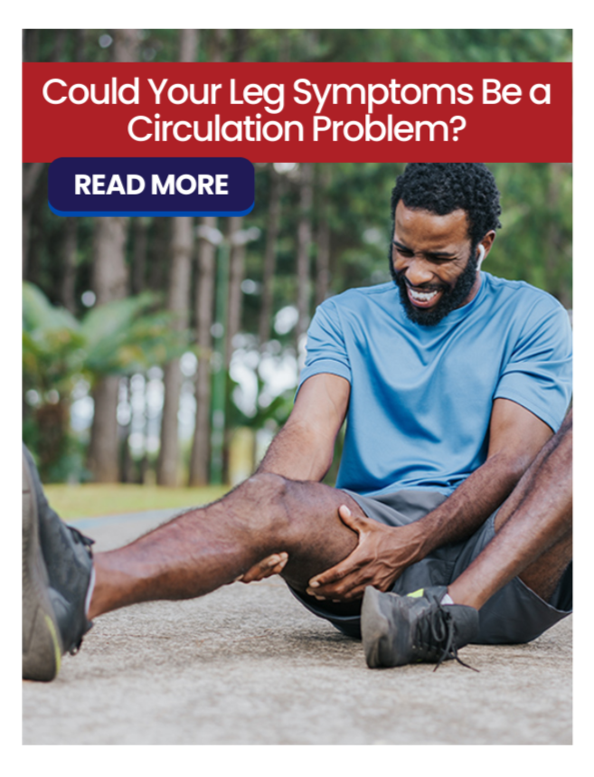 man holding painful calf while sitting outdoors representing leg pain that may signal a circulation problem