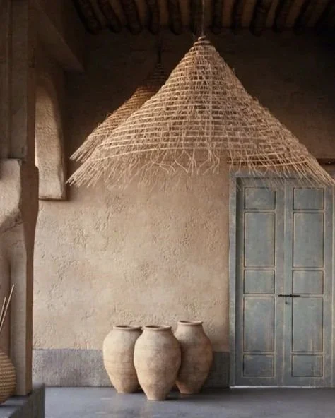 Three large clay pots on the floor beneath a woven straw pendant light. Blue wooden door on a beige wall.