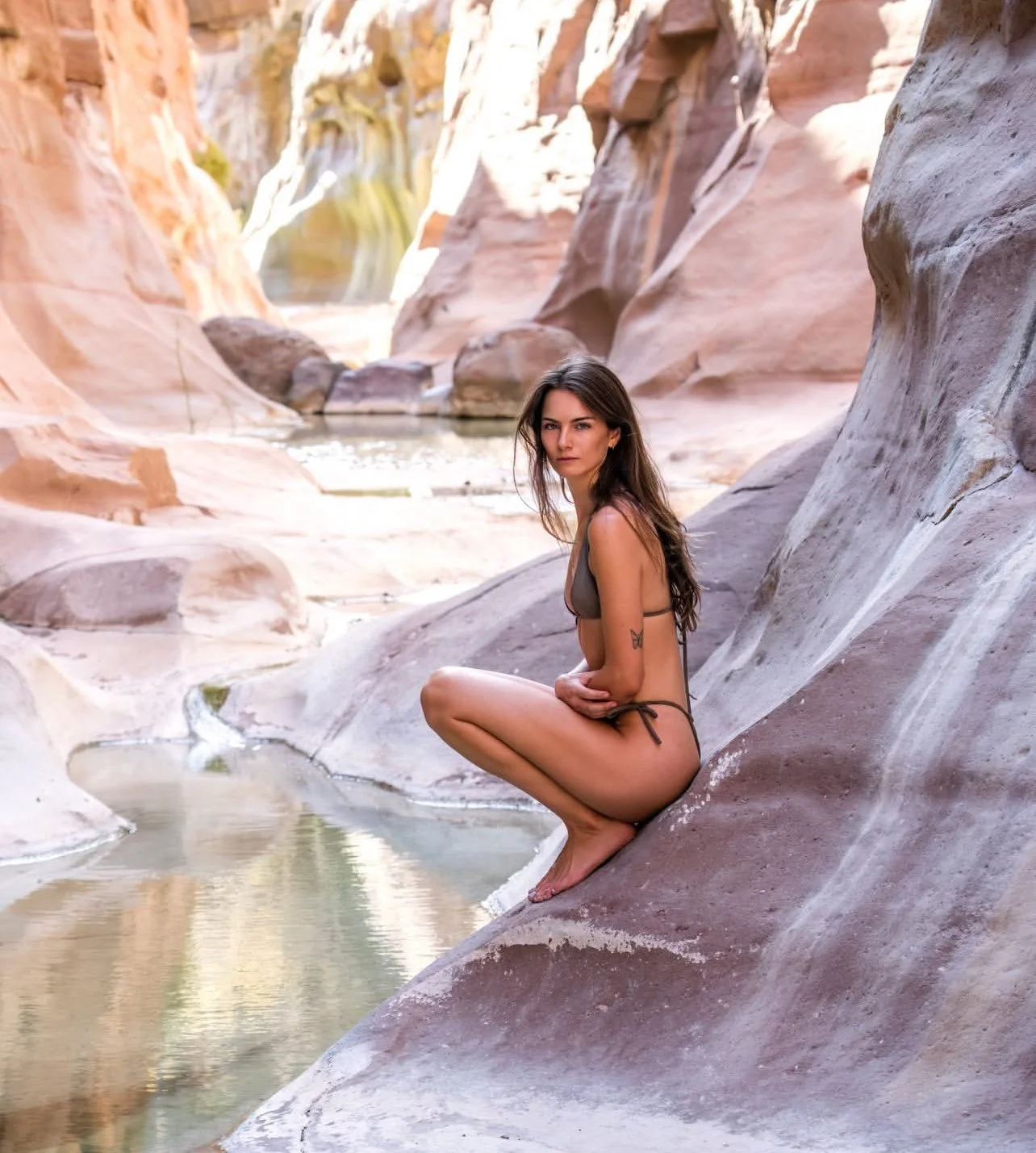 A woman in a bikini sitting on a rock formation by a calm water body, surrounded by beige and pinkish canyon walls.