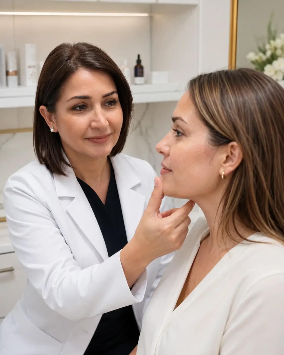 Dr. Negar Sodeifi discussing SkinPen microneedling with PRP during a skin consultation