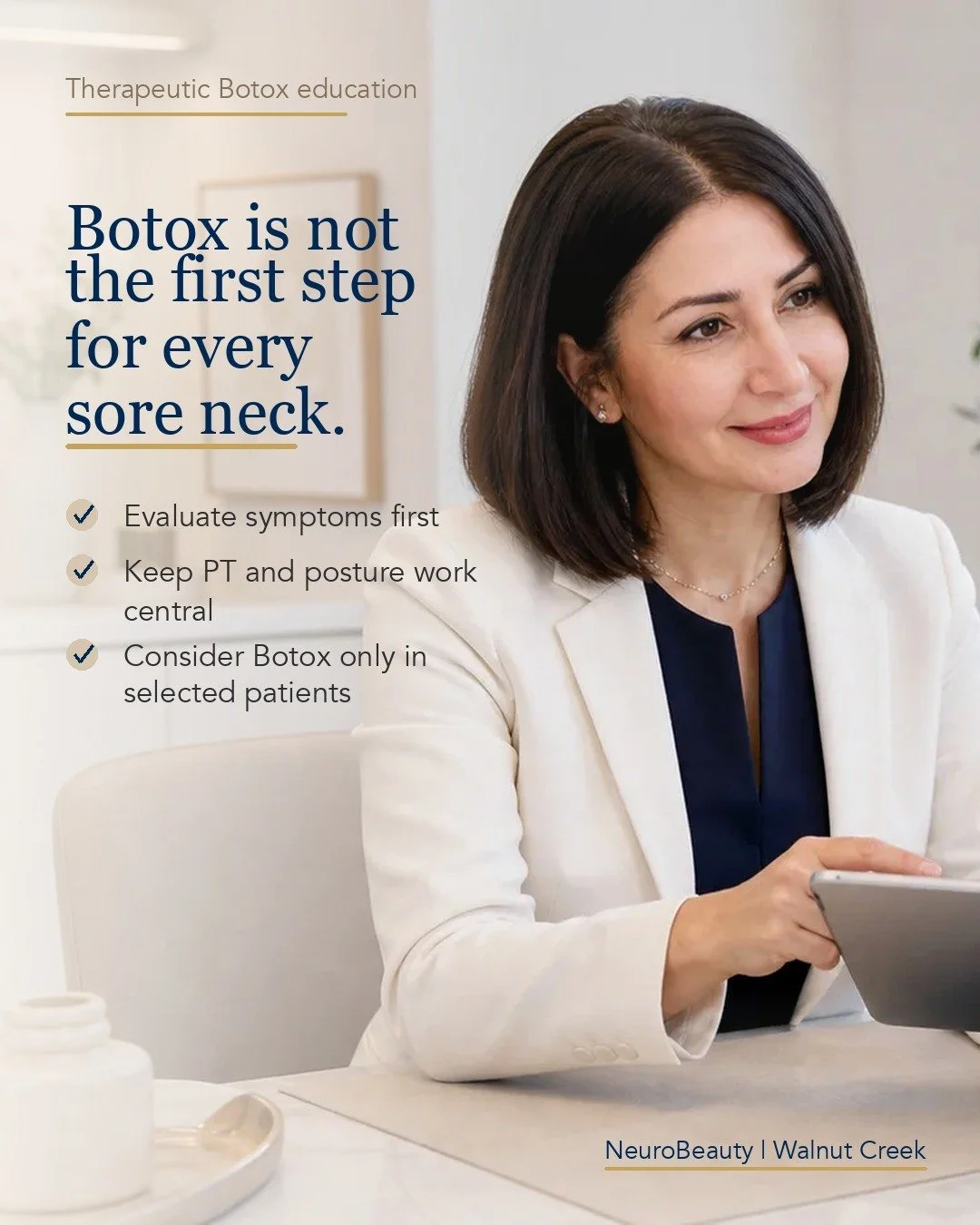 Botox is not the first step for every sore neck.
Neck and shoulder pain can come from many causes. Sometimes muscle tension and posture are part of the pattern. Other times, symptoms may point to nerve compression, spine disease, injury, inflammation