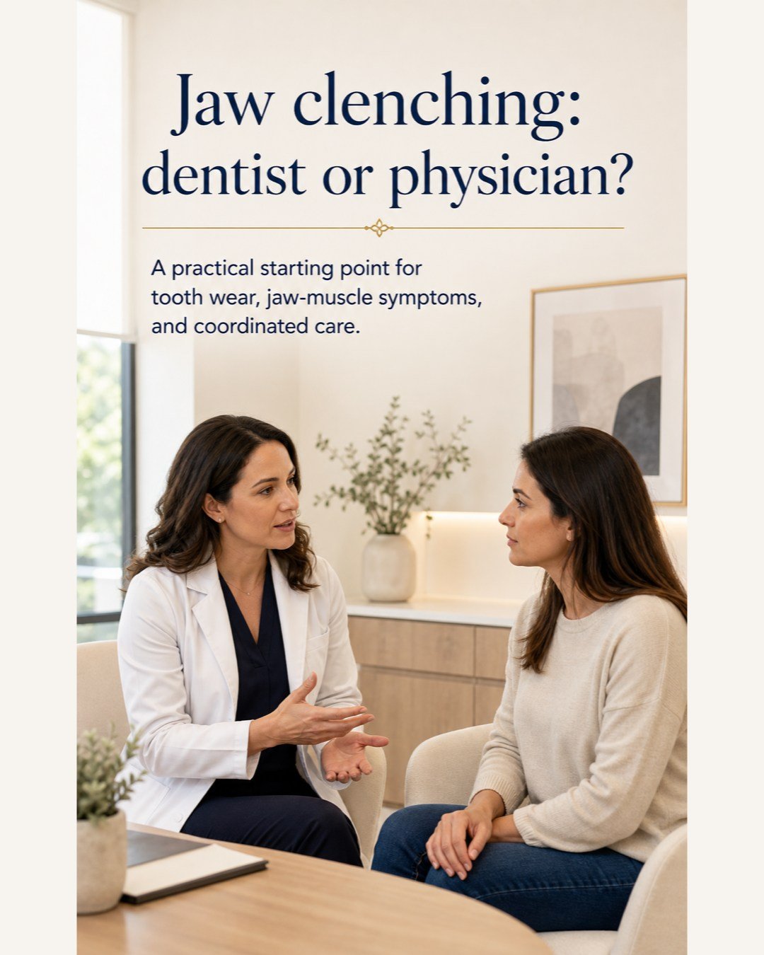 Jaw clenching can show up in more than one place: the teeth, dental work, jaw joint, or chewing muscles.

For tooth wear, cracks, damaged restorations, bite changes, or a night guard, a dentist is usually the best place to begin. If persistent jaw-mu