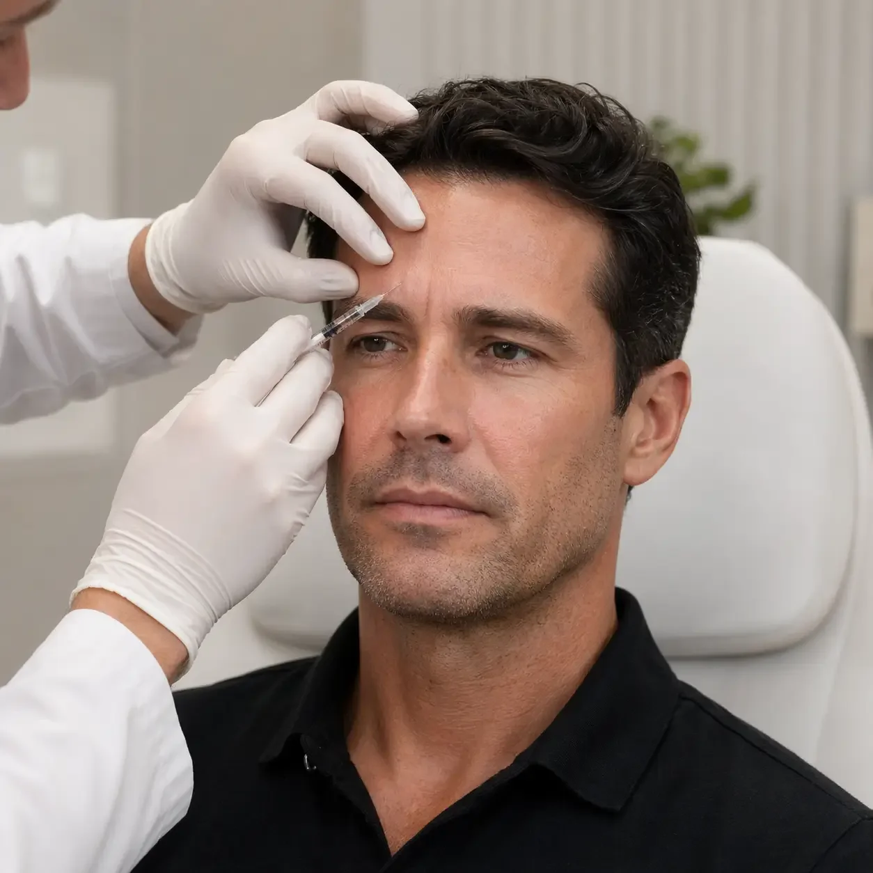 Physician performing Botox injection for a male patient in a clinical setting in Walnut Creek