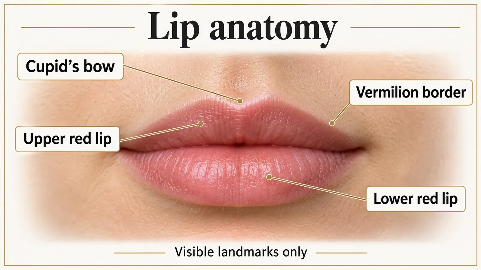 Illustration labeling the Cupid’s bow, vermilion border, upper red lip and lower red lip. Visible landmarks only.