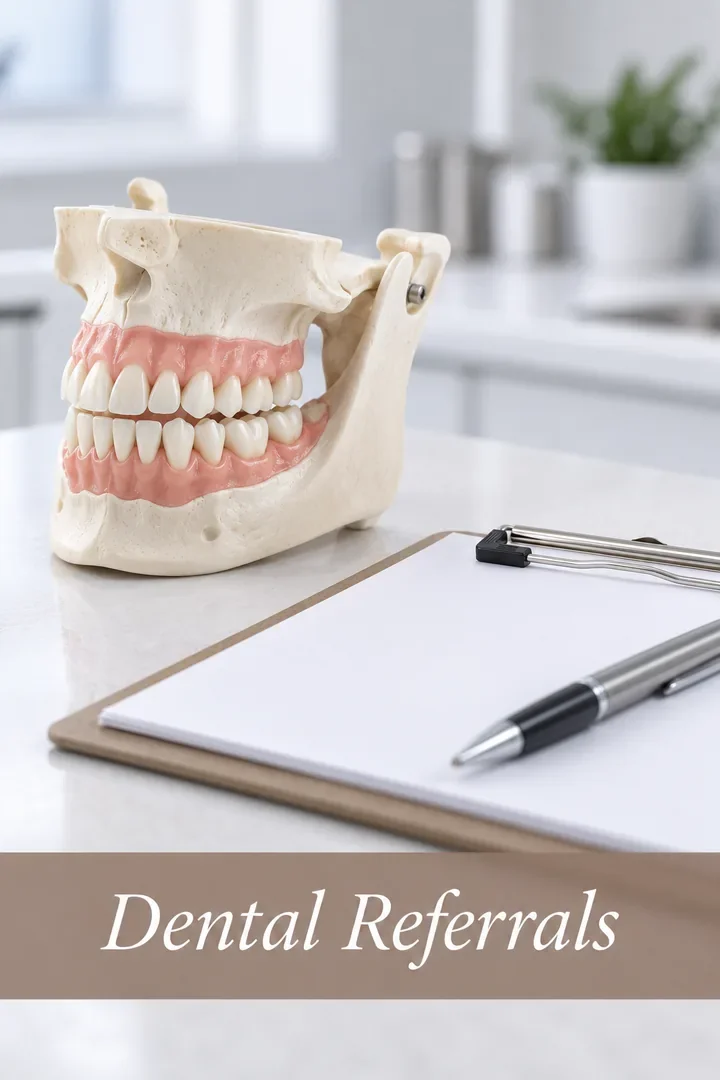Dental Referrals: illustrative jaw model beside a blank referral clipboard.