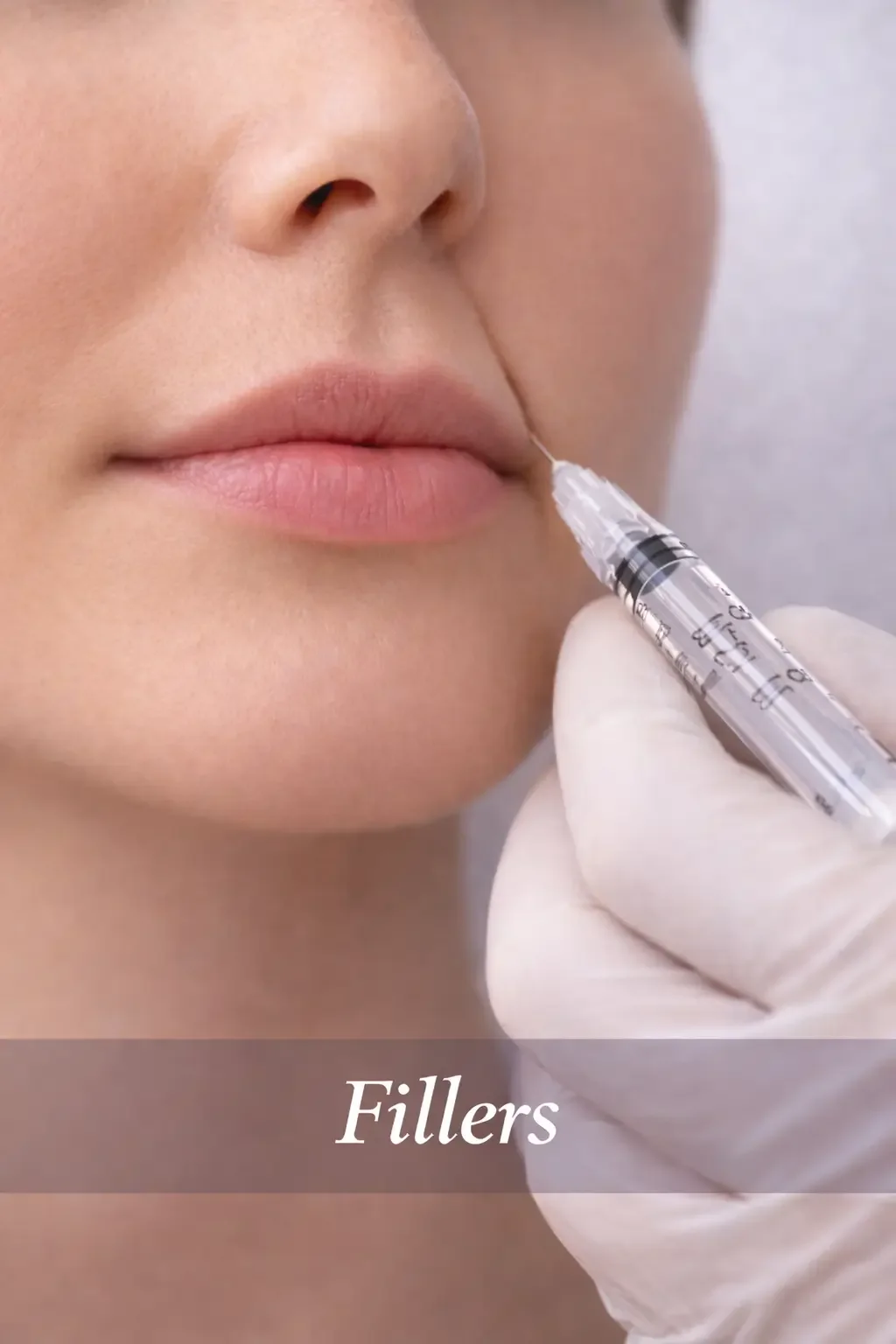 Close-up of a woman receiving an injectable filler treatment on her nasolabilal fold with a syringe in Walnut Creek California at NeuroBeauty Clinic. The healthcare professional wears gloves. The word 'Fillers' is overlaid on the image.