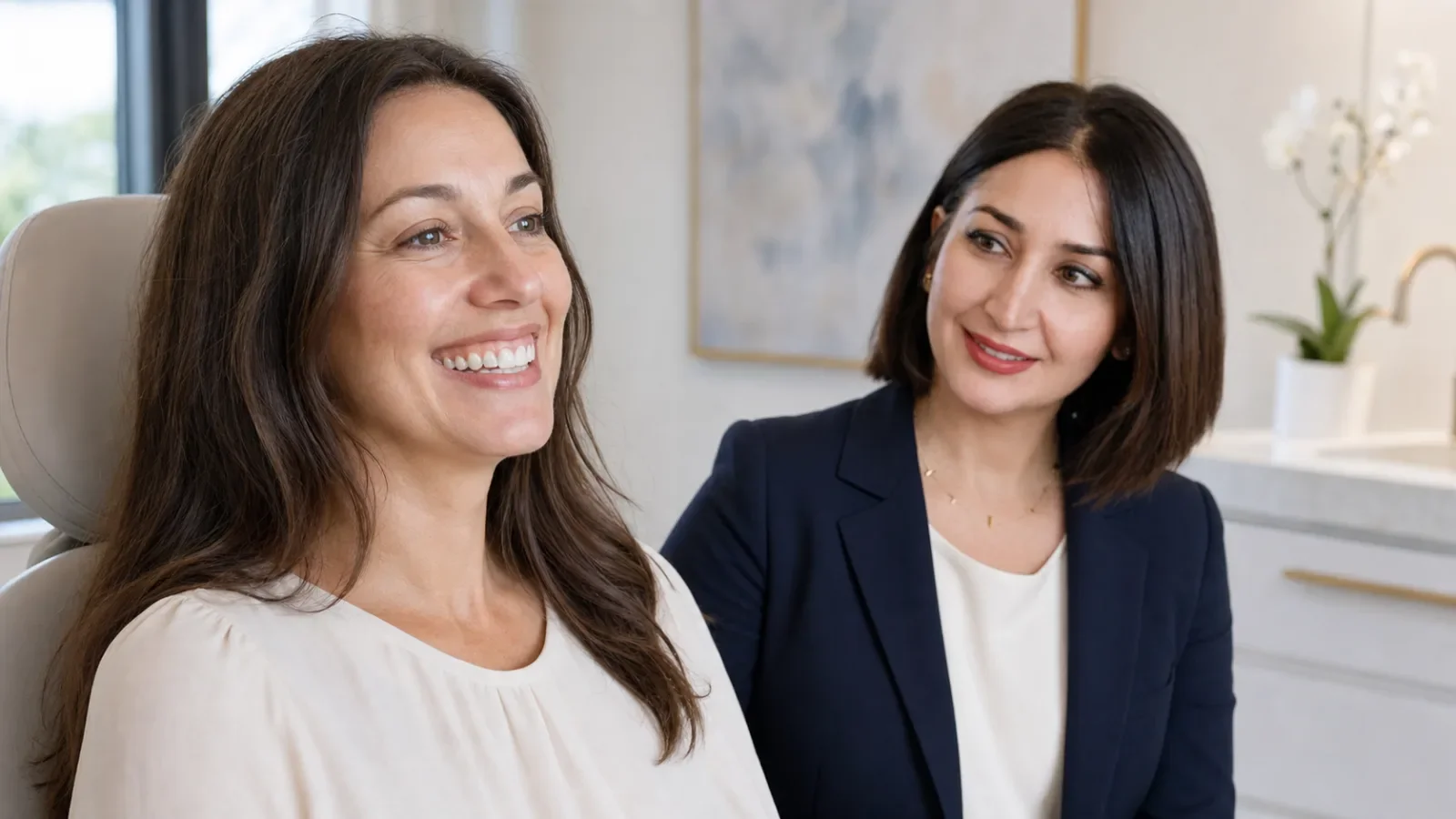Physician assessing upper lip movement for gummy smile Botox in Walnut Creek