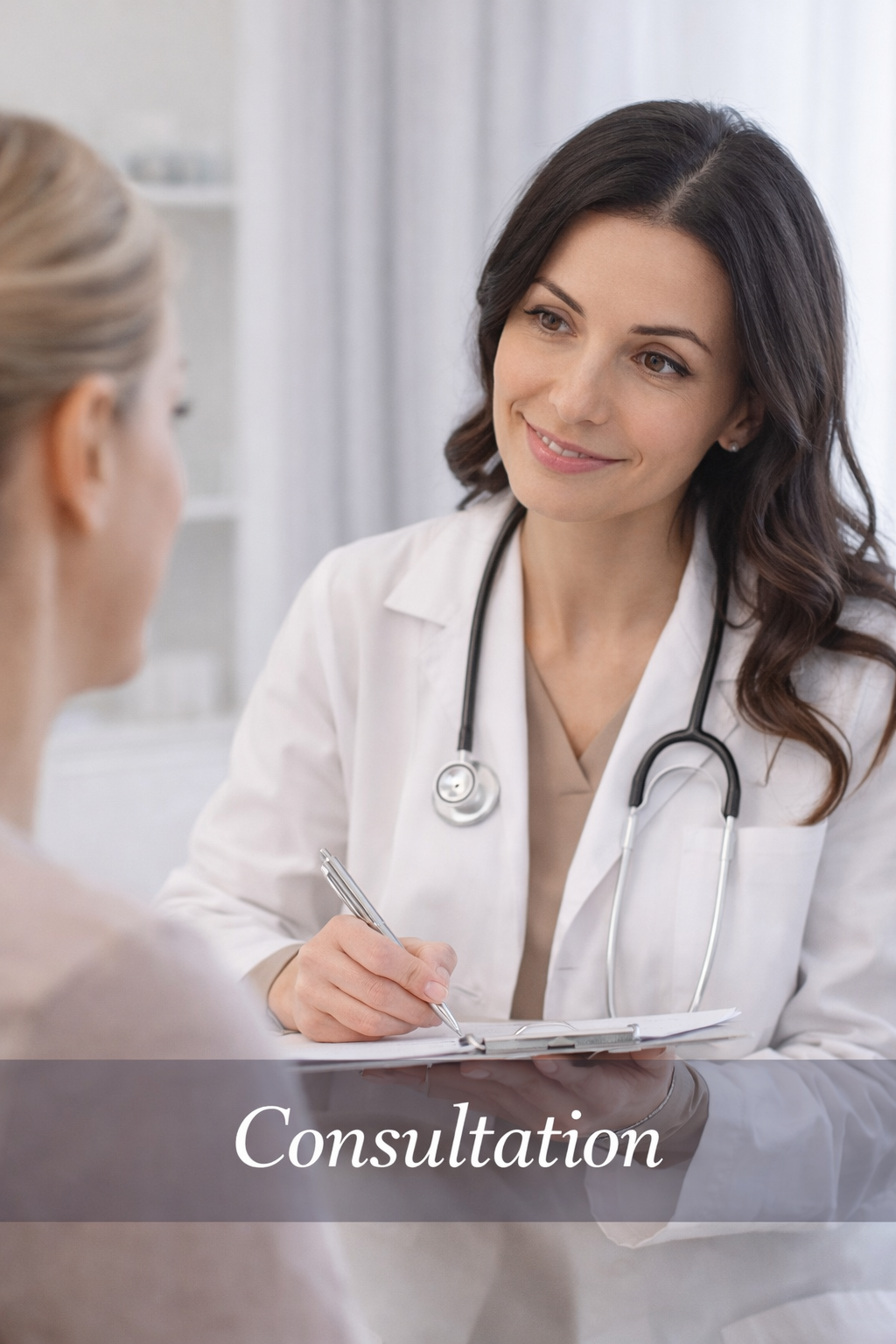 A female doctor talking to a patient during a consultation in a medical office.