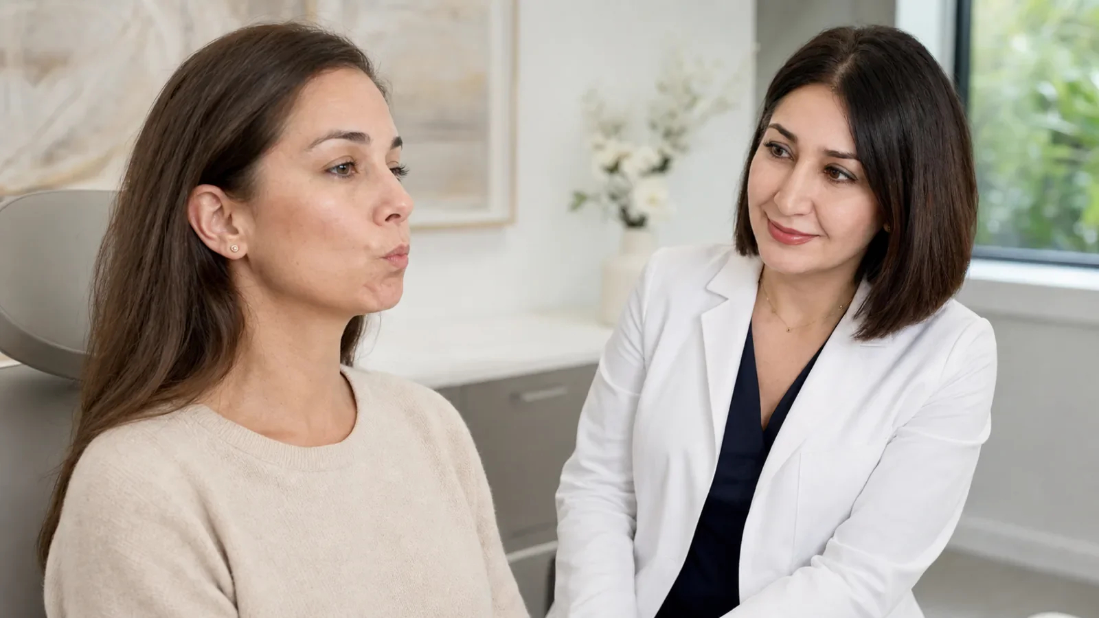 Physician assessing chin movement during a mentalis Botox consultation in Walnut Creek