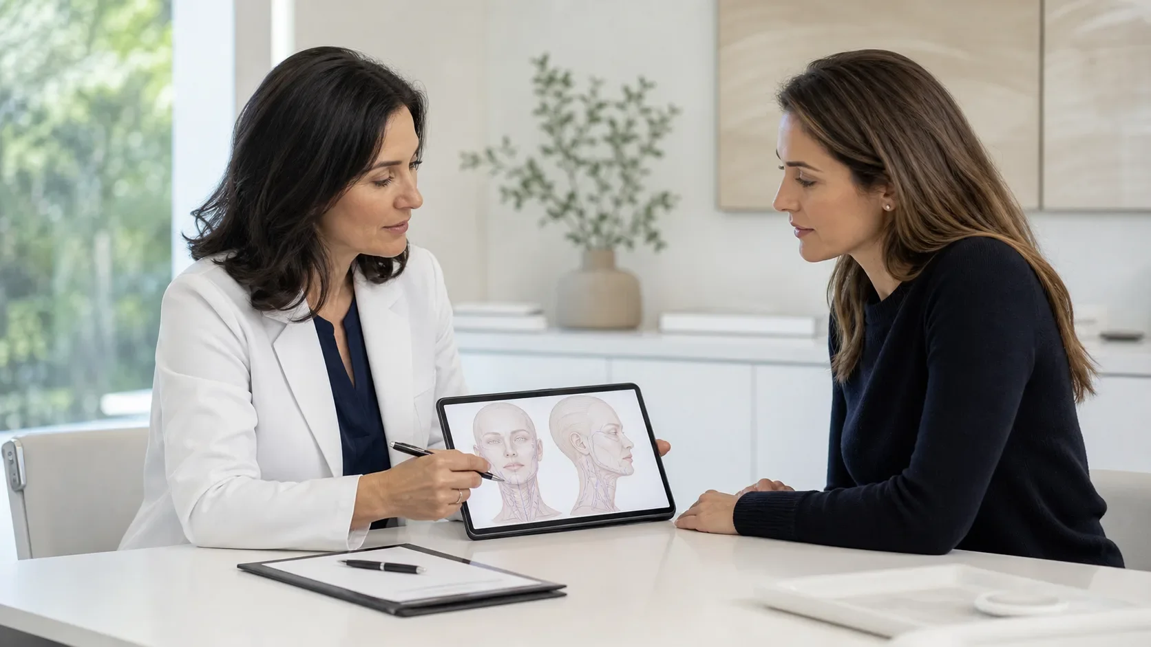 Physician reviewing anatomy before therapeutic Botox in Walnut Creek