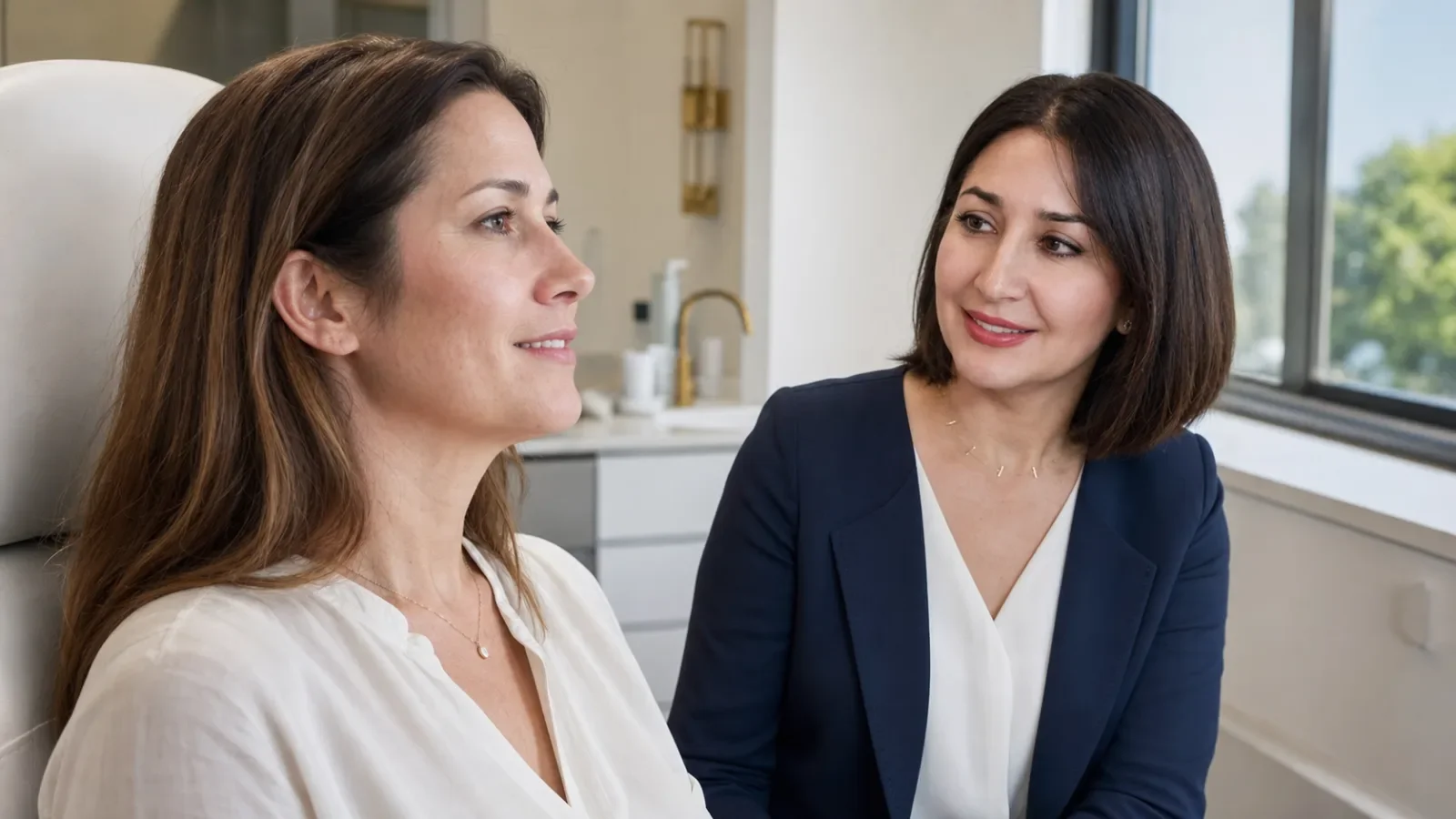 Physician assessing upper lip movement for a Botox lip flip consultation in Walnut Creek
