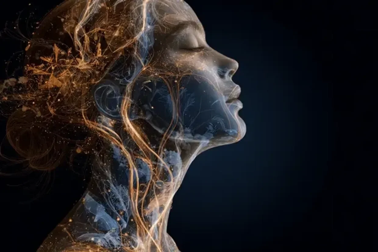 Abstract digital art of a woman's face in profile with the nerves of the neck and face hilighted