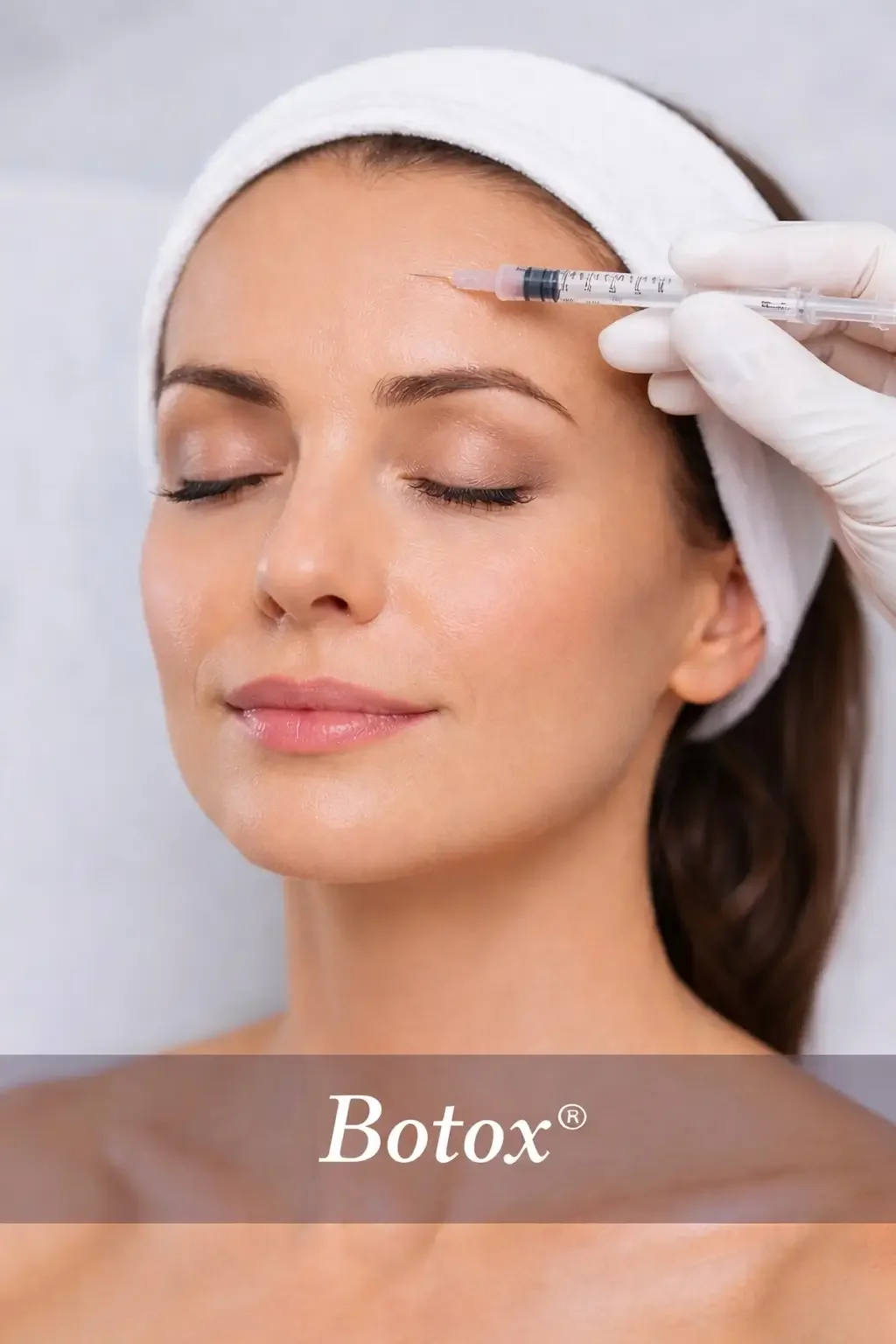 A woman receiving cosmetic Botox injections in Walnut Creek CA her forehead from a healthcare professional wearing gloves in Walnut Creek California at NeuroBeauty Clinic.