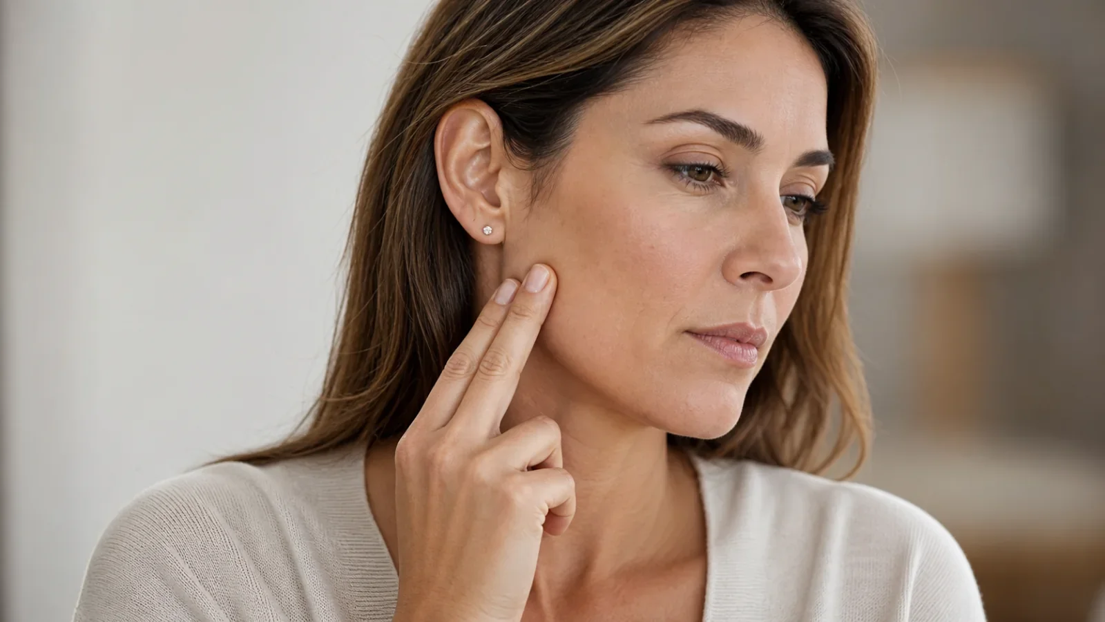 Woman indicating tension over the masseter muscle near her jaw
