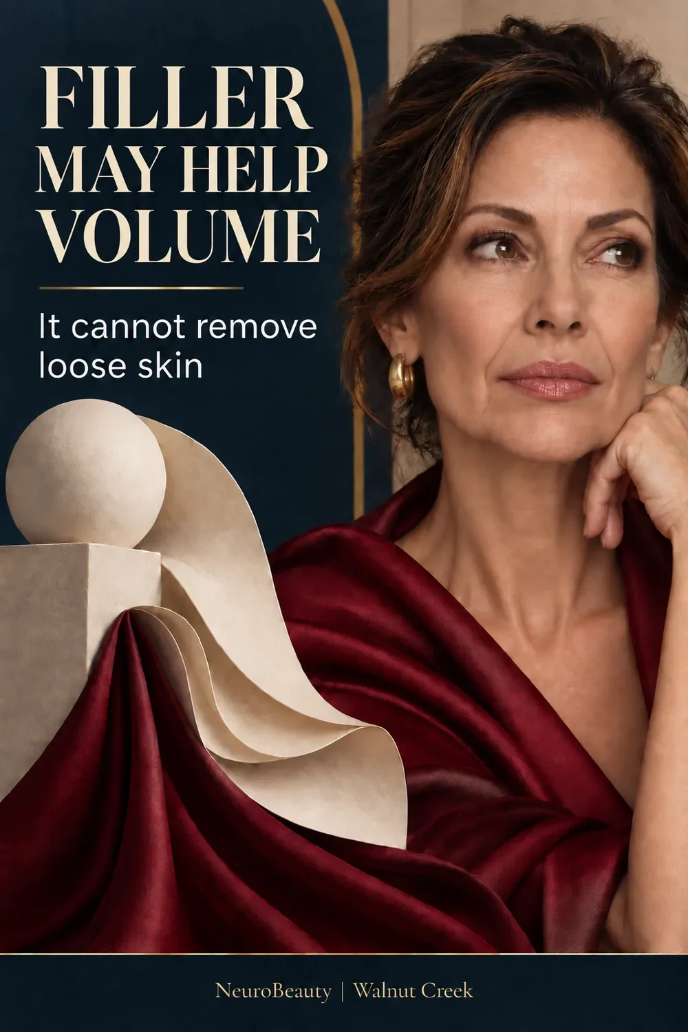 Educational graphic explaining that filler may restore selected facial volume but cannot remove loose skin.