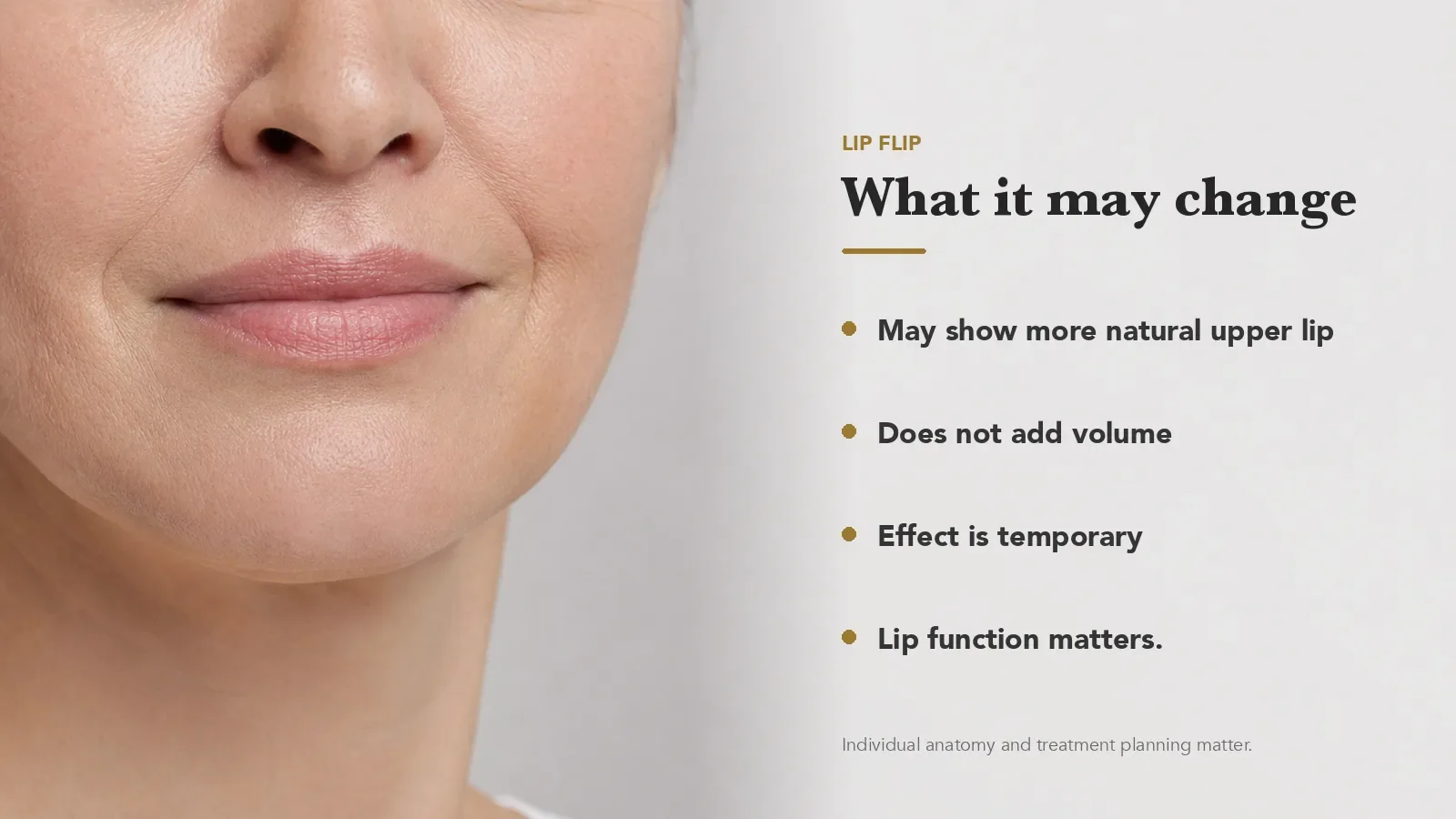 Infographic explaining that a Botox lip flip changes upper lip movement without adding volume