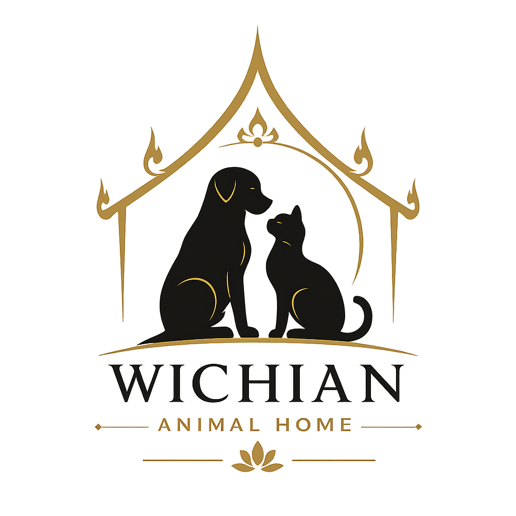 A logo for Wichian Animal Home featuring two black animals, a dog and a cat, sitting under an ornate, golden structure with intricate details.