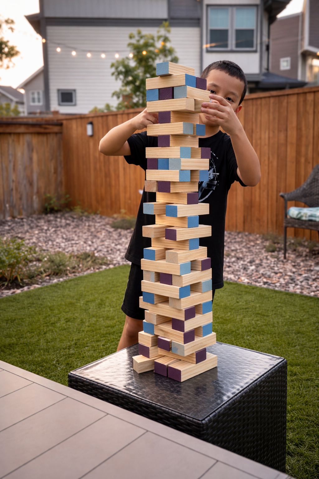 A young boy in a backyard playing giant Jenga, carefully removing a block from a tall wooden game tower.