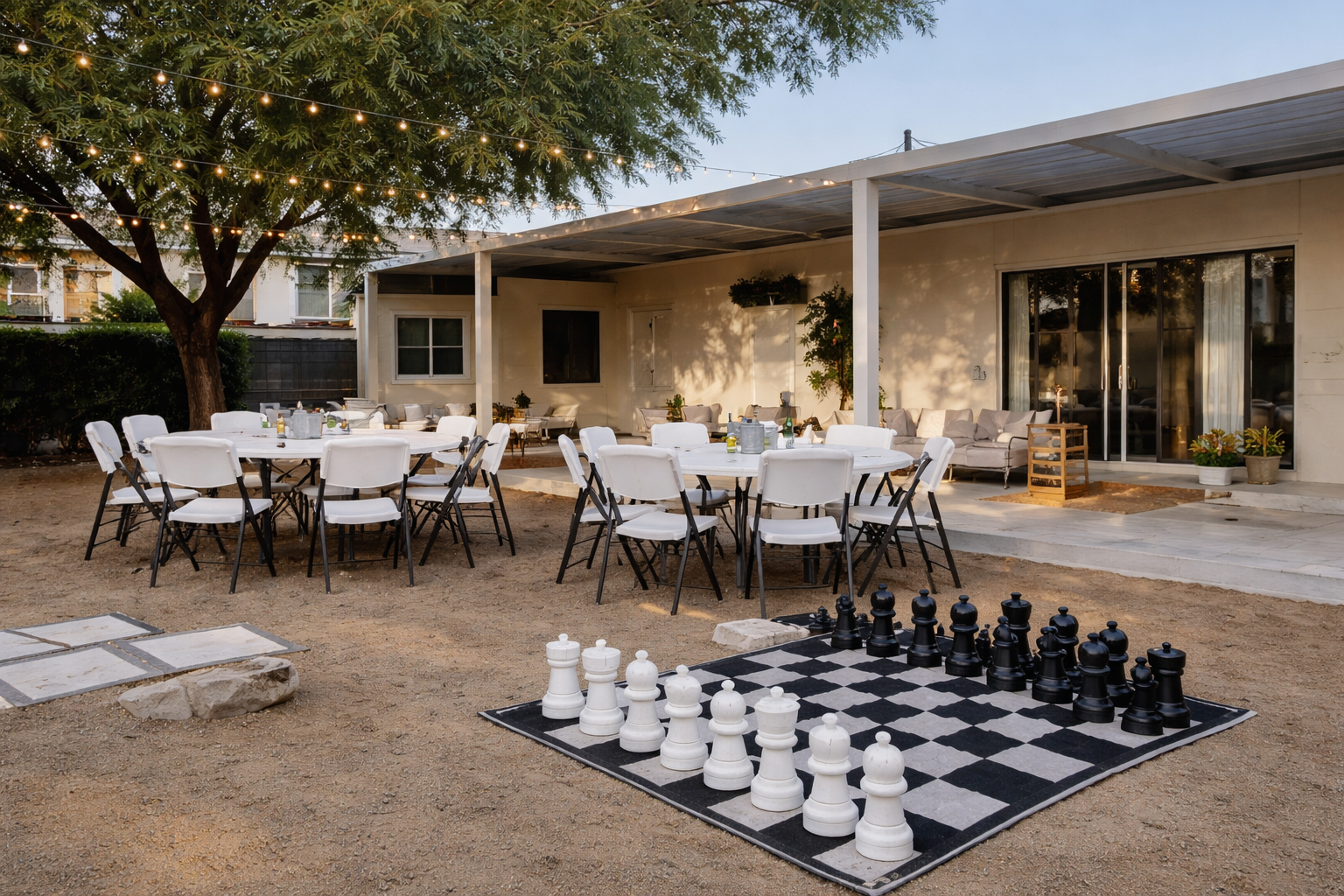 An outdoor patio area with multiple round tables, white chairs, string lights overhead, and a giant chessboard with large black and white chess pieces, in front of a modern house with sliding glass doors and potted plants.