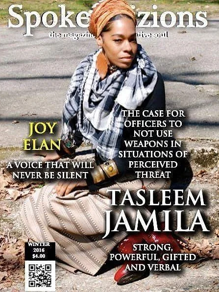 Cover of Spokeszions magazine featuring a woman with a headwrap and scarf, sitting outdoors with street and sidewalk background, and headlines about Joy Elan and Tasleem Jamila.