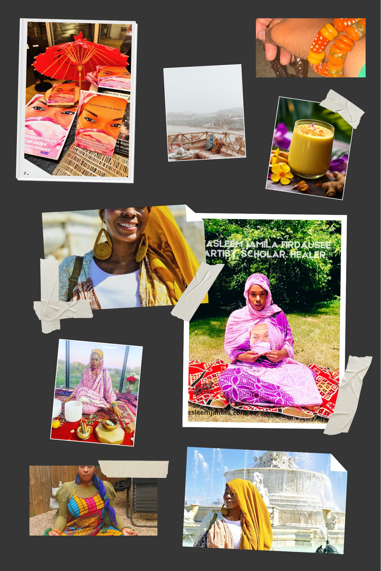 A collage of various photographs featuring African women, traditional clothing, cultural events, and natural scenery, including a desert, a fountain, and outdoor gatherings.
