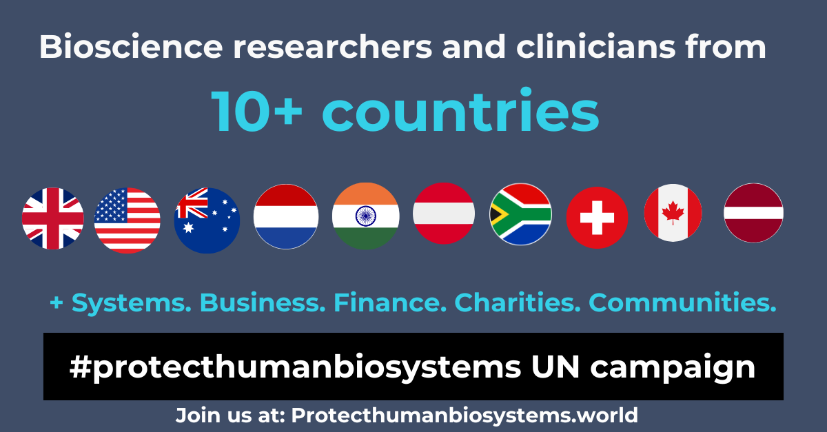 Image shows the #protecthumanbiosystems global coalition of 10+ countries and flags