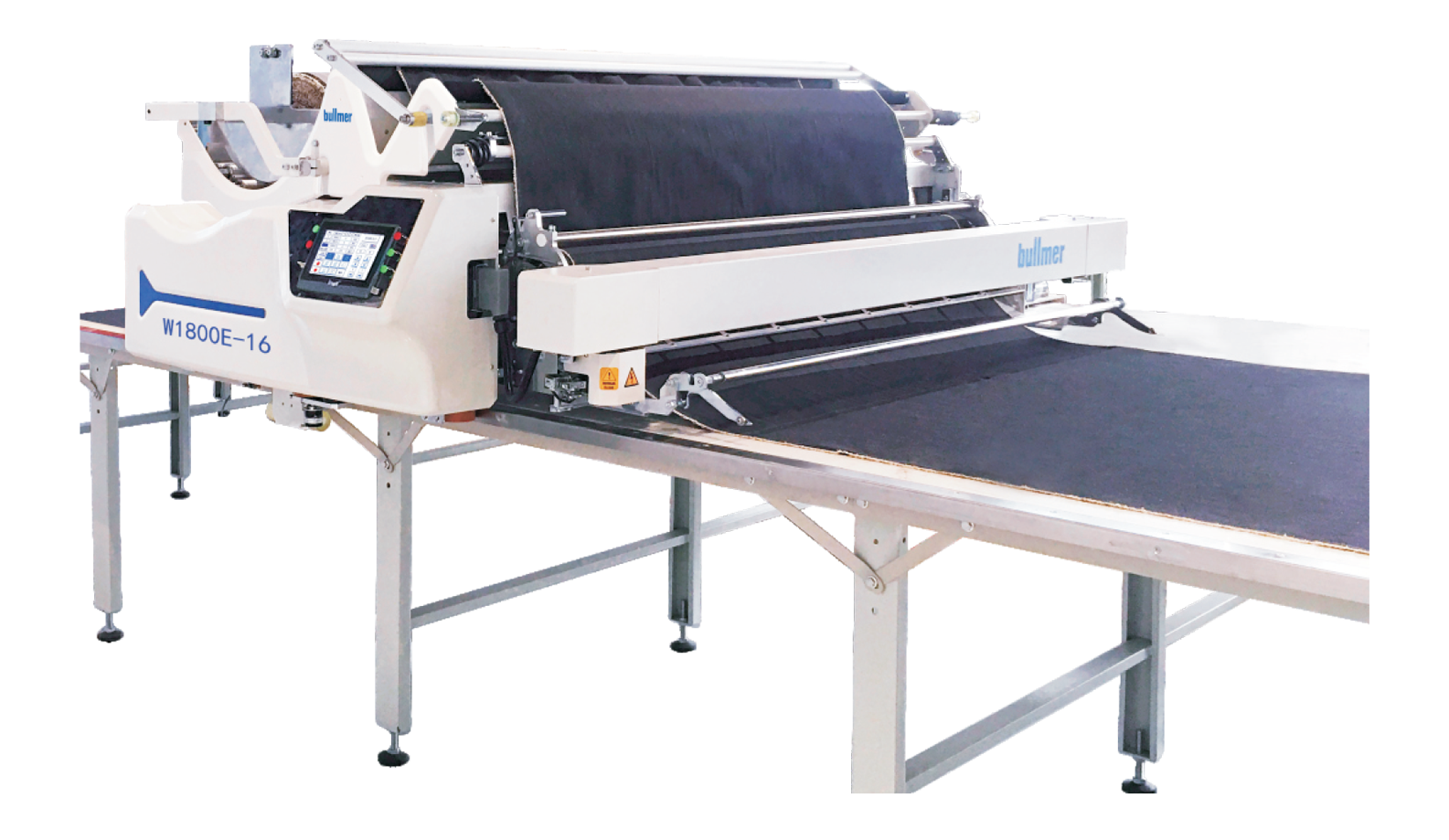 Industrial fabric cutting machine with control panel on a stand.