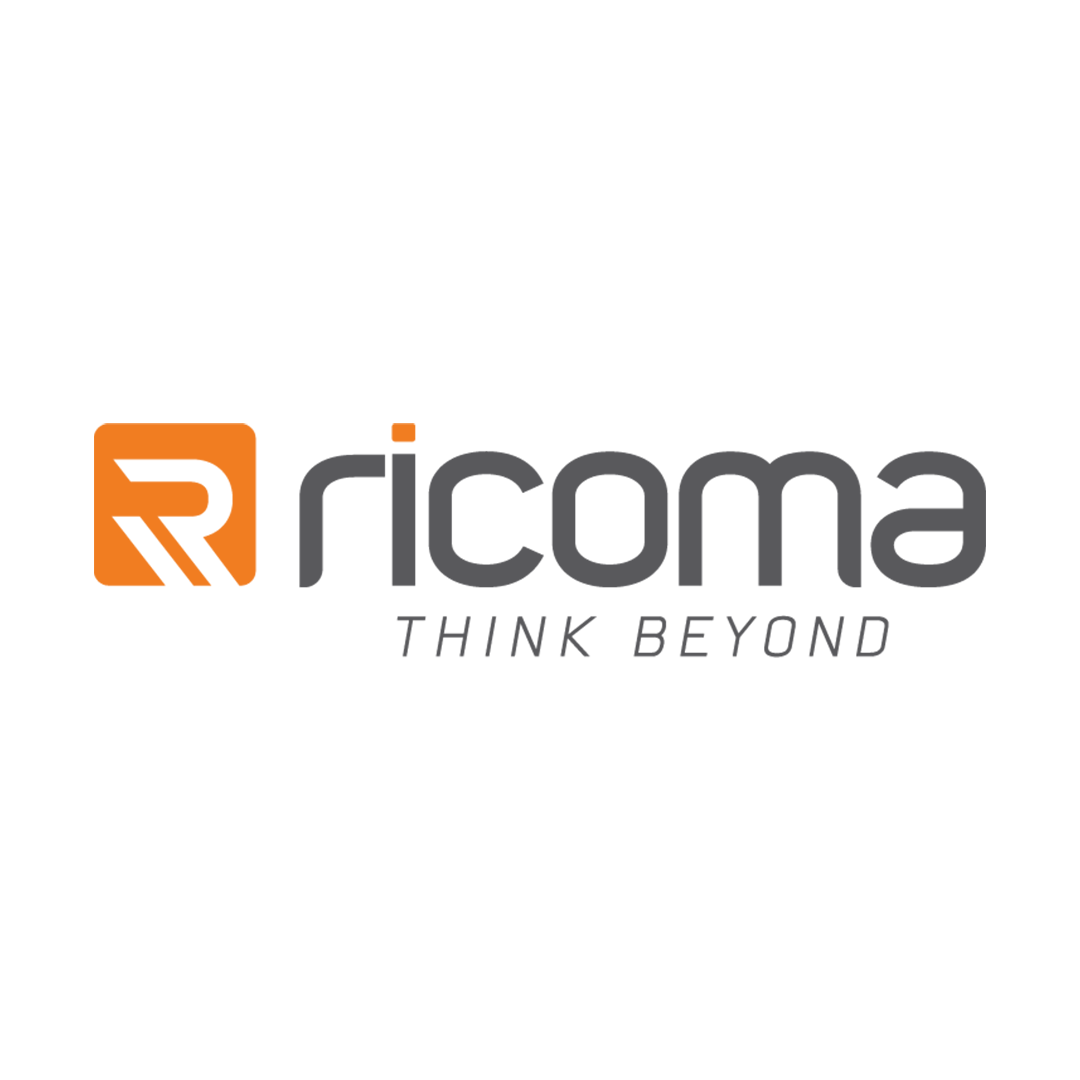 Ricoma logo featuring a stylized orange 'R' symbol and the text 'ricoma' in gray with the tagline 'THINK BEYOND' underneath.