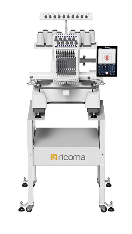 Medical or dental imaging machine with multiple components, including a touchscreen monitor displaying a 3D rendering of a head, labeled 'ricoma'.
