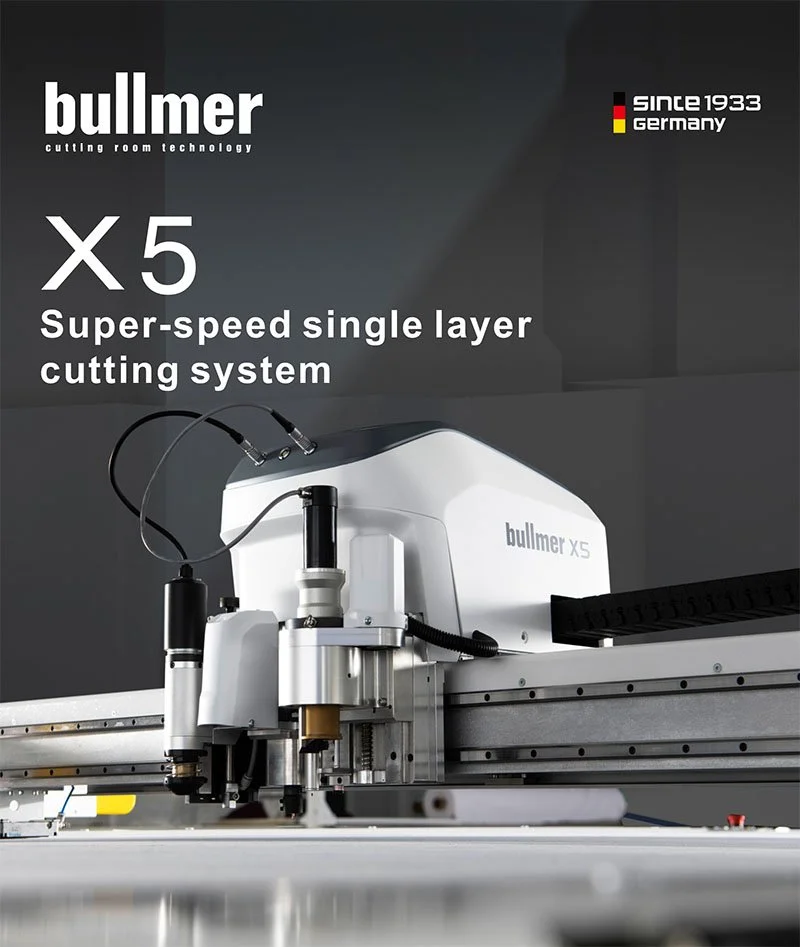 Close-up of a Bullmer X5 laser cutting machine with a focus on its cutting head, set against a dark background with text indicating features like '5X super-speed single layer cutting system' and branding.
