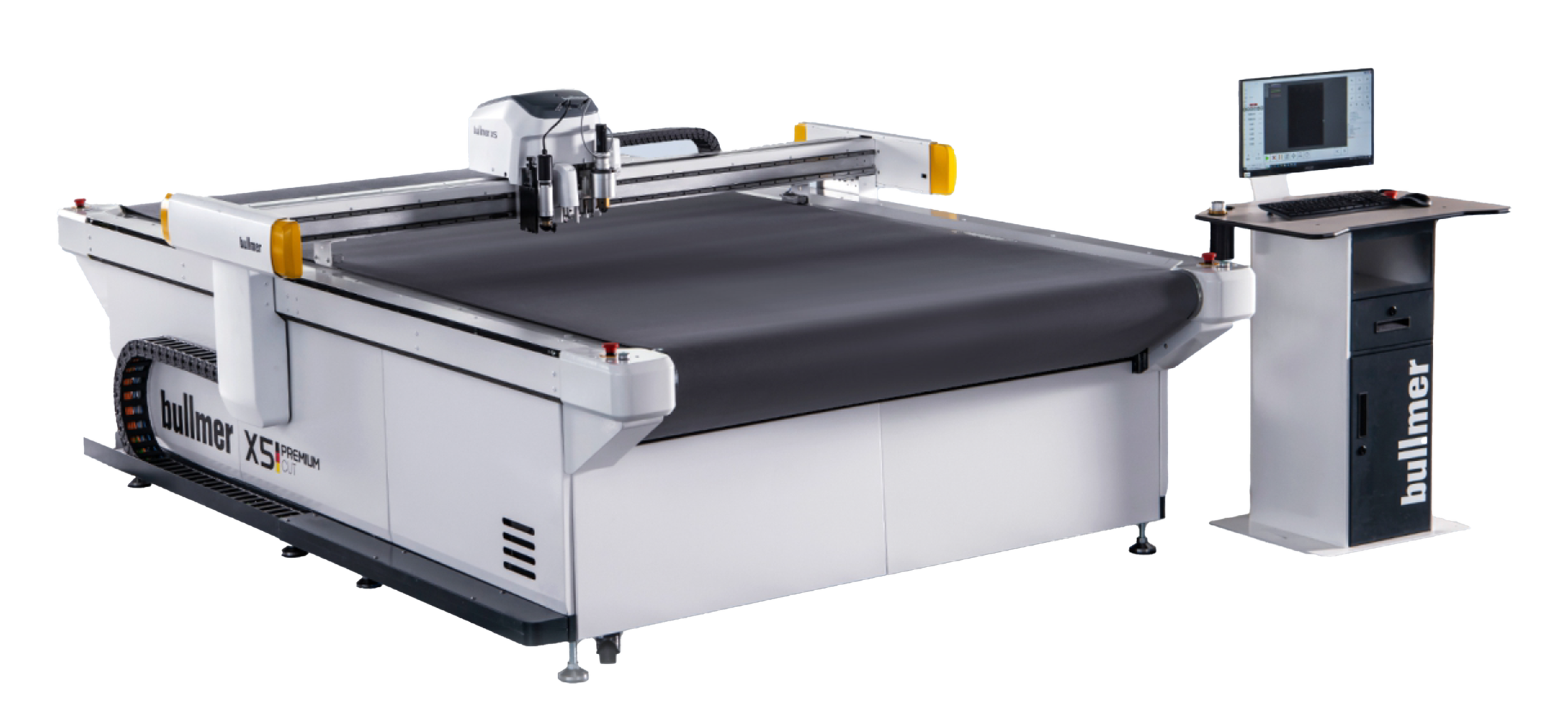Large flatbed laser cutter machine with a computer station on the right, branded Bullmer, with the model X51 Premium. The laser head is positioned above the cutting surface, and the machine is white with black and yellow accents.