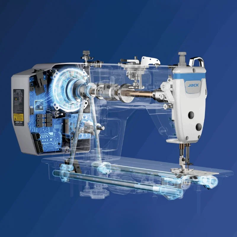 A digital rendering of a sewing machine with highlighted internal components and circuitry on a blue background.