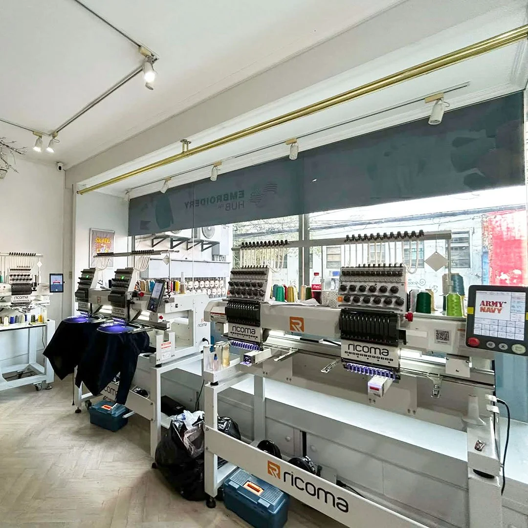 Industrial embroidery machines configured and integrated by Bleuciel Automations Inc. as part of a production system setup in the Philippines