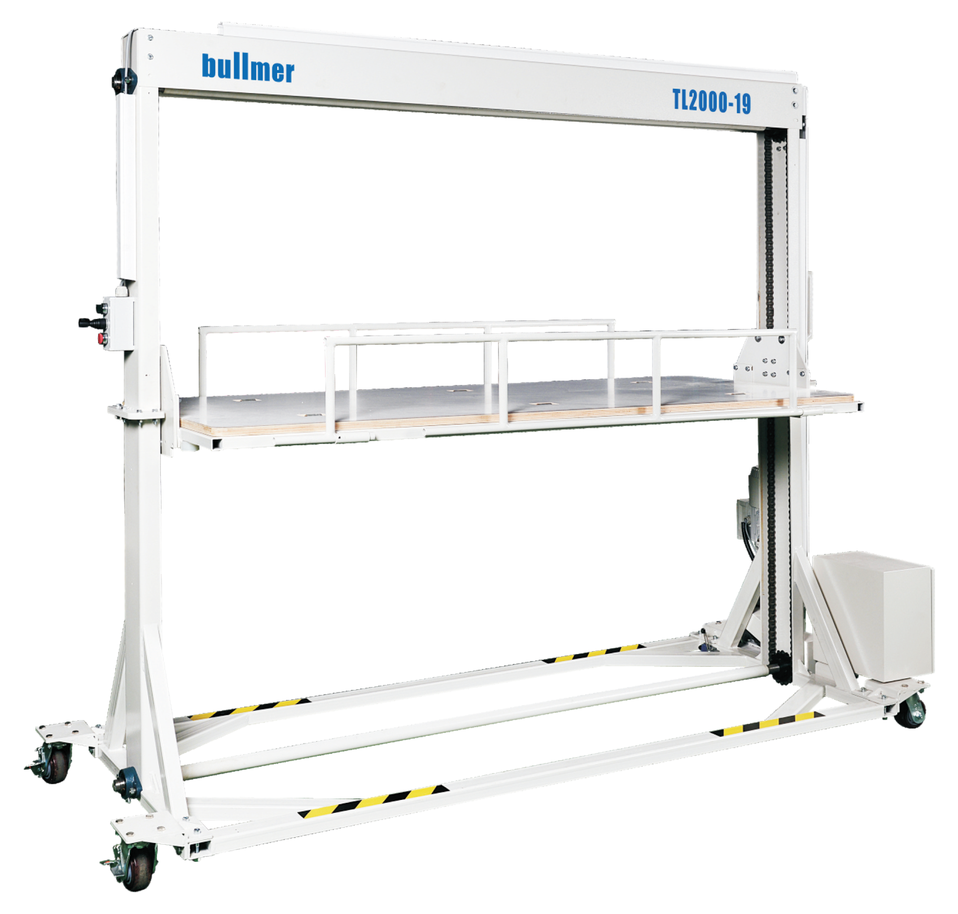 A large white industrial machine labeled "bullmer" with model number TL2000-19, featuring a worktable, safety guard, and adjustable components, used for manufacturing or material processing.