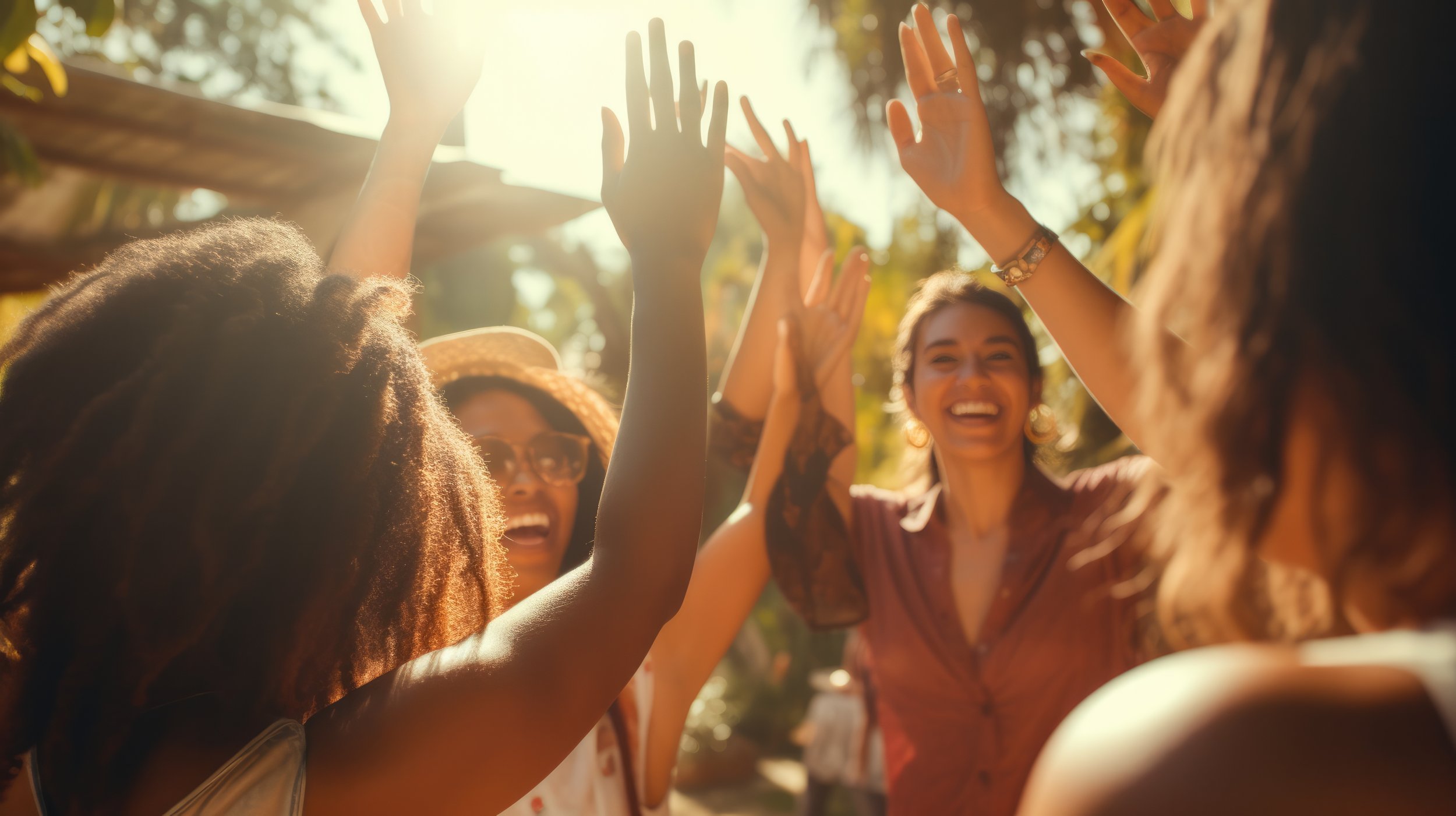 Group of diverse women smiling and high-fiving outdoors in sunlight.