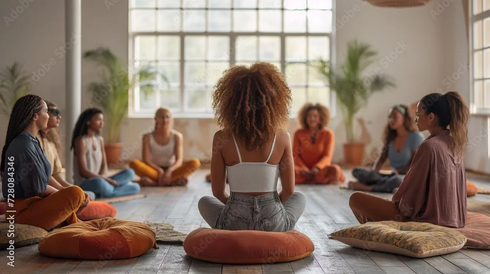 A diverse group of women sitting cross-legged on cushions in a circle in a bright, spacious room with large windows and potted plants, participating in a meditation or group discussion.