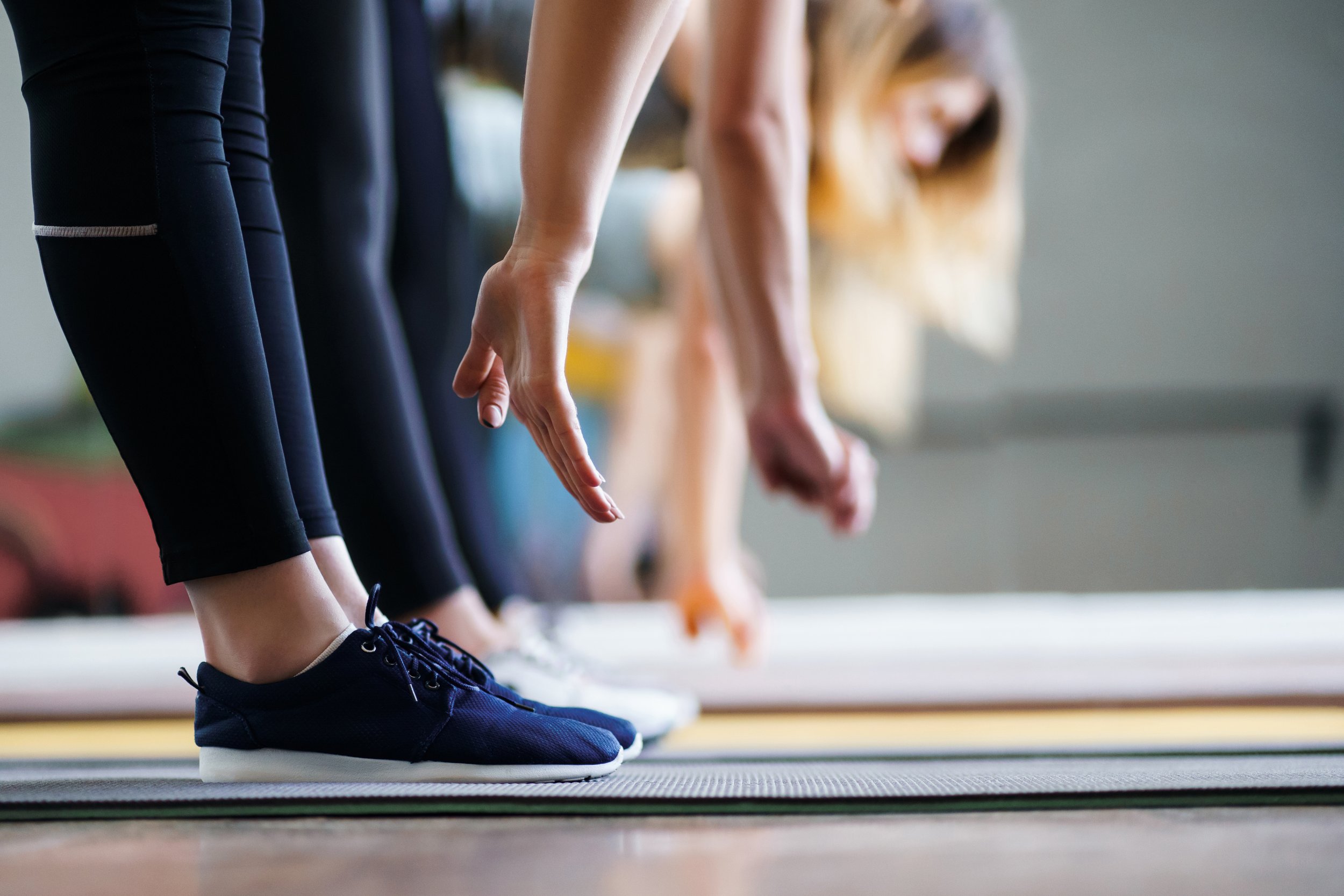 People are doing yoga poses on mats, with a dog in the background in a gym or studio setting.