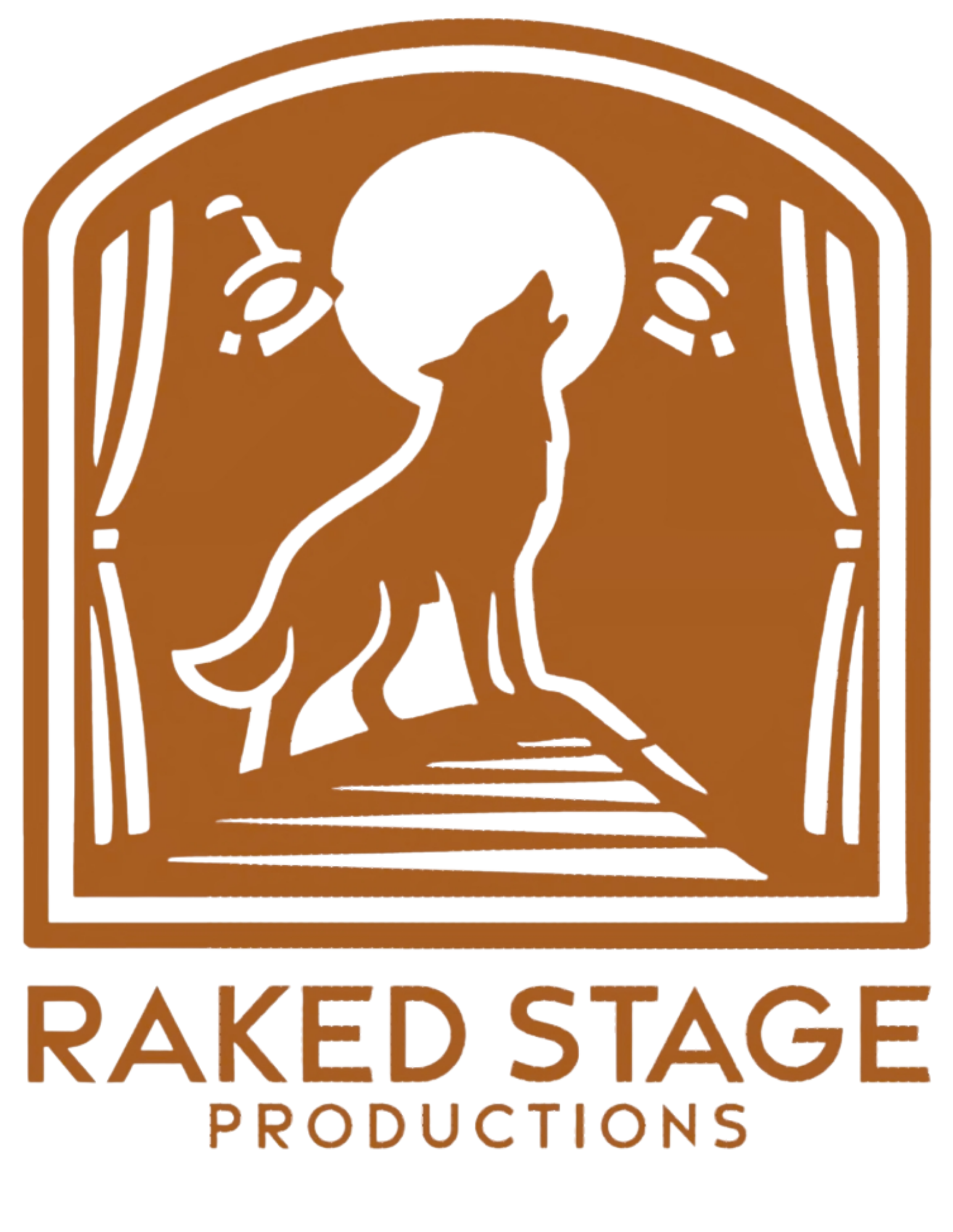A logo of Raked Stage Productions featuring a silhouette of a fox howling under a full moon, with stylized trees and a stage-like arch on a brown background.