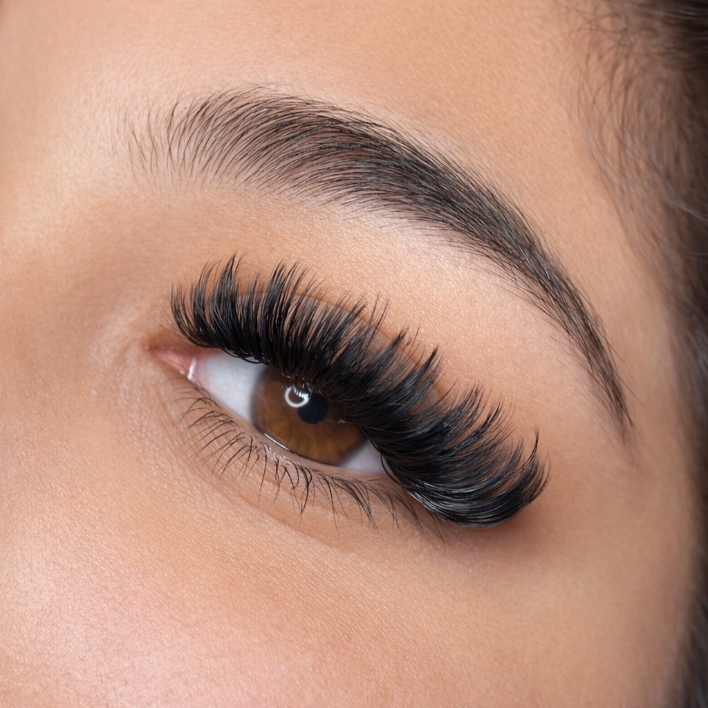Close-up of a woman's eye with dark volume lash extension and wax eyebrow.
