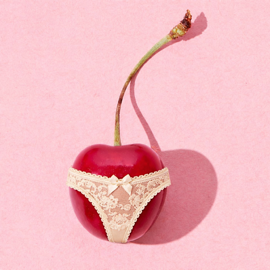 A cherry with a lace thong around its body promoting bikini waxing